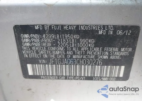 2012 Subaru Impreza 2.0I Limited from USA, damaged, VIN JF1GJAG63CH030276